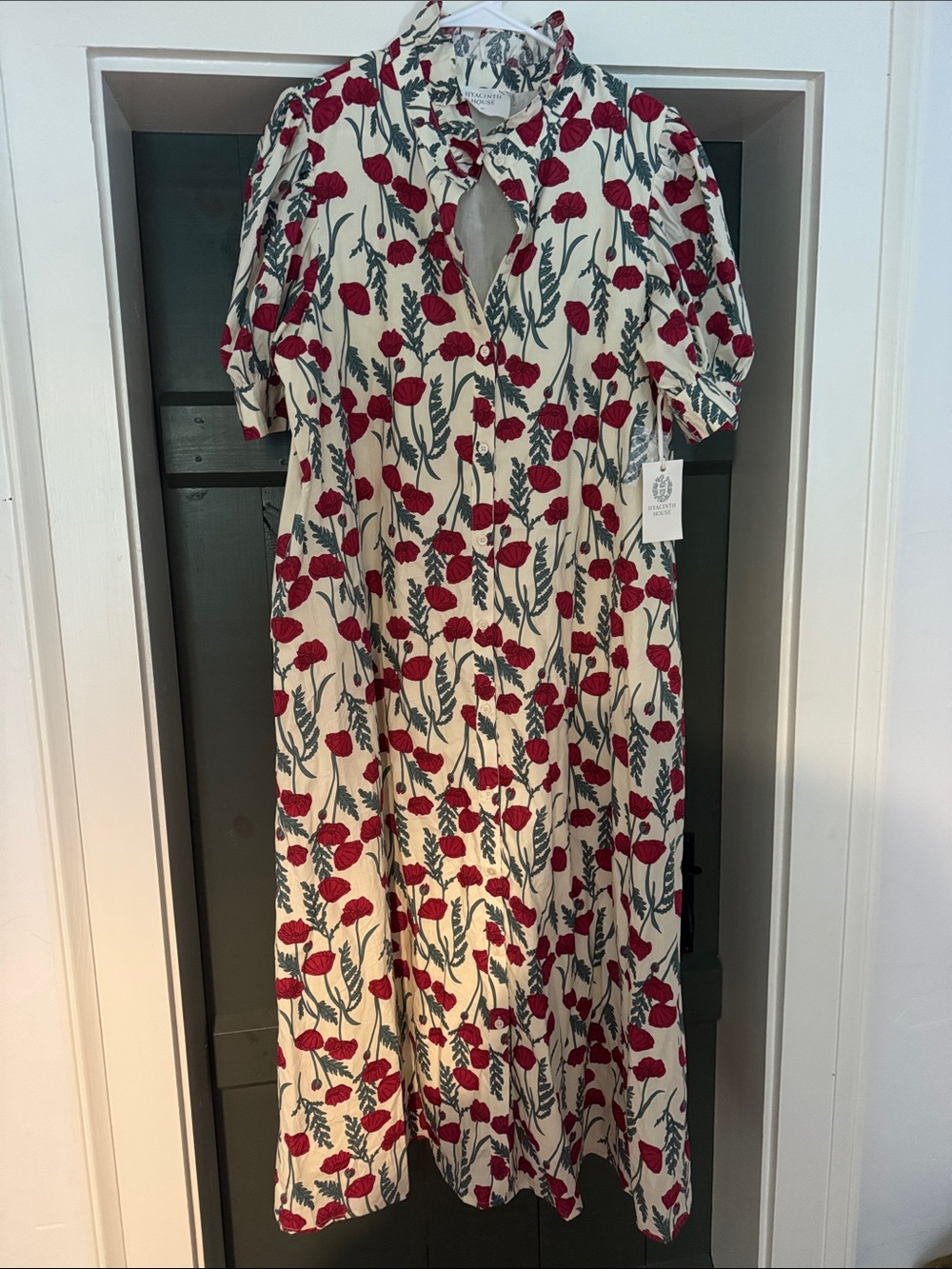Ivory Floral Midi Dress with Red Poppy Print